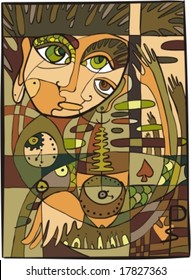 Vector abstraction. Decorative background on which two faces kiss