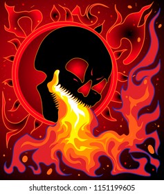 Vector abstraction with gradient concept of drought, high temperature and dehydration red sun and evil black skull with fire from mouth hot death-bearing vertical poster aggressively scary