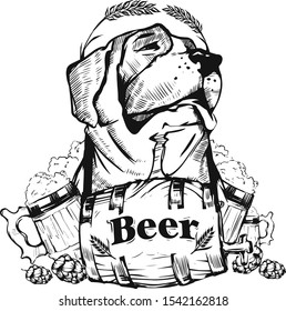 Vector abstraction image of a dog with malt, hops, beer keg and beer mugs with beer. Illustration is made on a white isolated background. For printing on clothes, t-shirts and other paraphernalia.