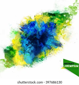 Vector abstraction from a mixture of colors, brazil concept, blue, green,yellow ink, color spray, fly away, stains with a spray of water colors. Isolate on white. 2016