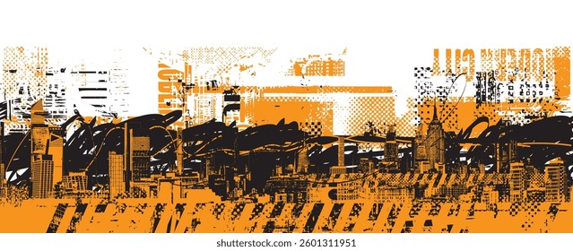 Vector abstraction on the theme of urbanism. Street art in grunge style on the background of spots and geometric figures from elements of the architecture of the big city, newspaper clippings. T-shirt