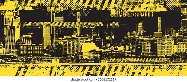 Vector abstraction on the theme of urbanism. Street art in grunge style on background of spots and geometric figures from elements of the architecture and the big city, newspaper clippings. T-shirt