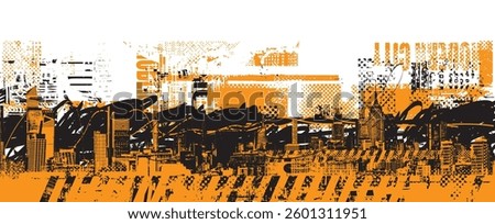 Vector abstraction on the theme of urbanism. Street art in grunge style on the background of spots and geometric figures from elements of the architecture of the big city, newspaper clippings. T-shirt