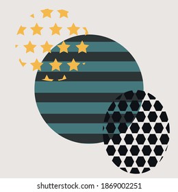 Absorción vectorial con óvalos y círculos llenos de varios elementos. Ilustración para impresión, prinvov.