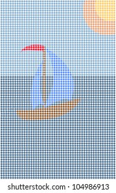Vector abstraction. Pixel drawing the boat, sea and sun