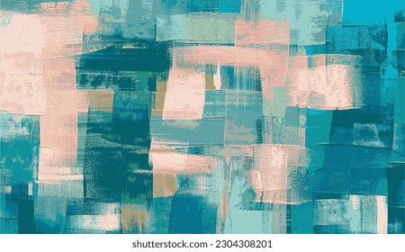 Vector abstraction rough oil paint strokes on canvas. Abstract painting, teal blue and coral color textured pattern, grungy artistic background