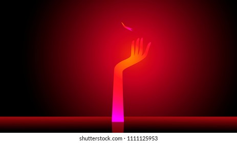 Vector abstraction of a symbolic glowing flying in the sky a soul and hand with reflection in the water on a red black background isolate. Solemn and funeral concept of the memory of the heroes of war