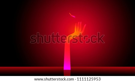 Vector abstraction of a symbolic glowing flying in the sky a soul and hand with reflection in the water on a red black background isolate. Solemn and funeral concept of the memory of the heroes of war