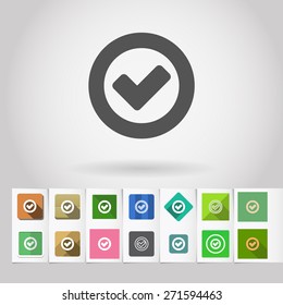 Vector Accept or Ok sign icon in circle and big set of square flat web mobile buttons on paper background