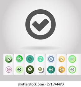 Vector Accept or Ok sign icon in circle and big set of round flat web mobile buttons on paper background