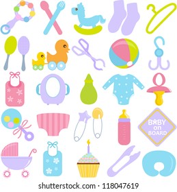 Vector of Accessories, tools for Mom mother and Baby in pastel - pin, toy, sock, rocking horse, pacifier, stroller, diaper, milk, birthday cake. Set of cute colorful icon isolated on white background