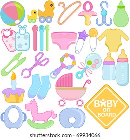 Vector of Accessories and tools for Mom mother and Baby in pastel color. A set of cute and colorful icon collection isolated on white background