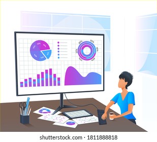 Vector, accountant analyzing financial report. Accounting. Business analyst auditing finance data on computer screen. Financial consultant. Business woman working remotely from home. Planning budget