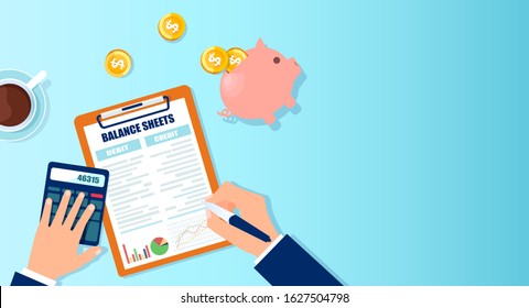 Vector of an accountant with calculator analyzing balance sheets and financial report statements