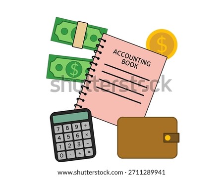 Vector of accounting book, calculator, wallet, coin, and cash, ideal for finance, bookkeeping, and budget management illustrations