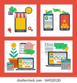 Vector accounting flat four square concept with devices. Money transferring, internet online shopping and statistic of company or personal financial earnings