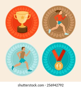 Vector achievement badges in flat style - marathon icons and signs - female and male runners