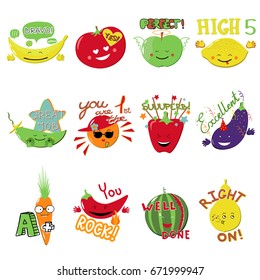 Vector Achievement school Labels. Set of 12 vector stickers with fruits and vegetables