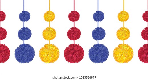 Vector aColorful Birthday Party Paper Pom Poms Set On Strings Horizontal Seamless Repeat Border Pattern. Great for handmade cards, invitations, wallpaper, packaging, nursery designs.