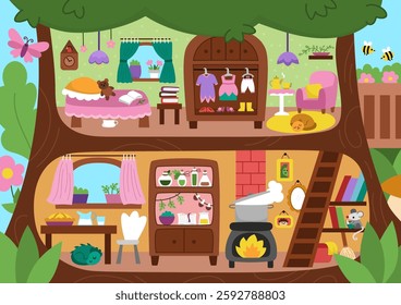 Vector acorn fairy house background. Woodland princess home interior landscape. Fantasy forest cottage scene. Magic fairytale treehouse scenery with furniture, room decor items
