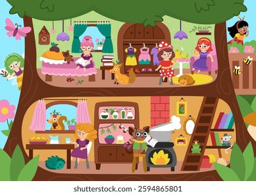 Vector acorn fairy house background with cute girls drinking tea, reading, cooking. Woodland princess home interior landscape. Fantasy forest cottage scene. Magic fairytale treehouse scenery
