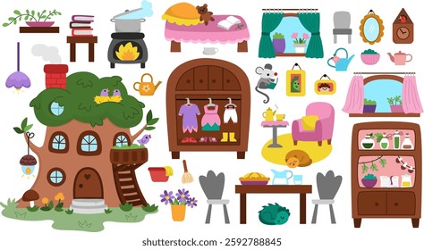 Vector acorn fairy house clipart set. Woodland princess home interior icons collection. Fantasy forest cottage illustrations. Magic fairytale treehouse furniture, room decor items
