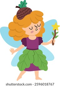 Vector acorn fairy icon isolated on white background. Cute little girl with wings. Woodland princess clipart. Fantasy forest fay illustration. Magic fairytale creature in green leaf dress
