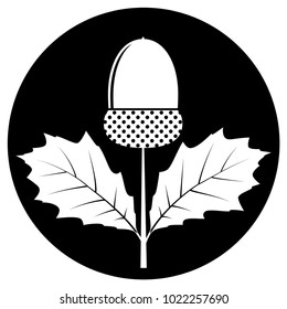 vector acorn with leaves isolated on black round