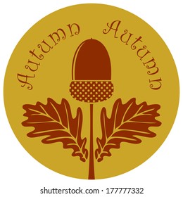 vector acorn with leaves isolated on yellow round