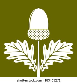 vector acorn with leaves isolated on green background