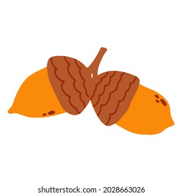 Vector acorn nut in hand drawn cartoon childish style. Fall illustration for baby apparel, textile and product design, wallpaper, wrapping paper, card, scrapbooking