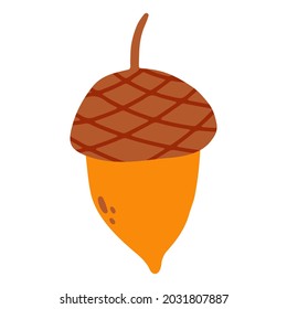 Vector acorn nut in hand drawn cartoon childish style. Fall illustration for baby apparel, textile and product design, wallpaper, wrapping paper, card, scrapbooking