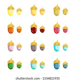 Vector acorns in the form of precious stones. Crystals of different colors with gold hats. Jewelry isolated on white. Different designs and shapes. All the colors of the rainbow