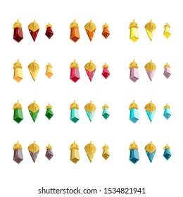 Vector acorns in the form of precious stones. Crystals of different colors with gold hats. Jewelry isolated on white. Different designs and shapes. All the colors of the rainbow