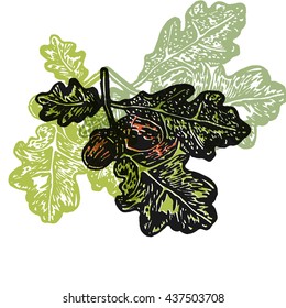Vector acorns and oak branch in abstract composition. Lino cut acorns and oak branch in different colors on white background
