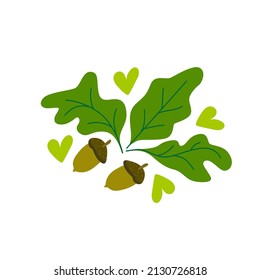 Vector acorns, oak leaves, and tiny hearts on the white background