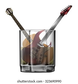Vector acoustic and electric guitar in a glass of whiskey or other alcohol. Isolated object on a white background can be used with any image.