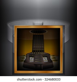 Vector acoustic guitar on a blurred monochrome background with a gold frame.It can be used as a poster, advertising or separately as an object.