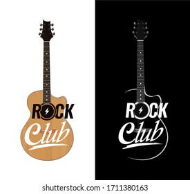 Vector Acoustic Guitar in realistic style for Rock Club with lettering. Design illustration for Placard or Banner of Music Event, Party or Concert.