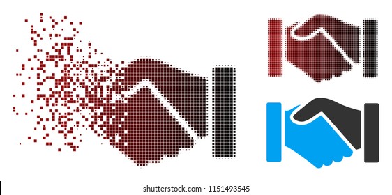 Vector acquisition handshake icon in fractured, pixelated halftone and undamaged whole variants. Disappearing effect involves rectangle dots and horizontal gradient from red to black.