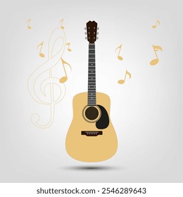 A vector acroustic guitar with musical icons on white background, yellow wooden guitar music elements is used for singer, brand, stage, concert, and music playing