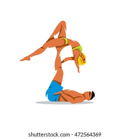 Vector Acroyoga Cartoon Illustration. Couple practicing yoga. Unusual Logo template isolated on a white background