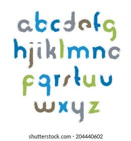 Vector acrylic alphabet letters set, hand-drawn colorful script, bright small letters drawn with ink brush, doodle font.