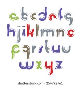 Vector acrylic alphabet letters set, hand-drawn colorful script, bright brushed small letters, unusual font with white outline.  
