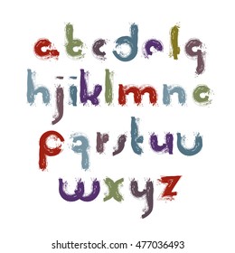 Vector acrylic alphabet letters set, hand-drawn colorful grunge script, bright brushed small letters, hand painted font with white outline.