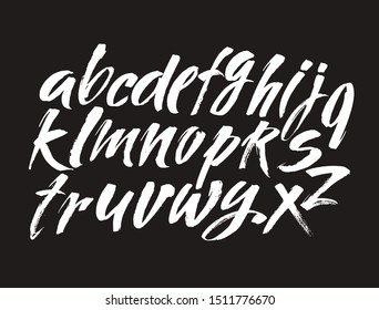 Vector Acrylic Brush Style Hand Drawn Alphabet Font. Calligraphy alphabet on a black background. Ink hand lettering.
