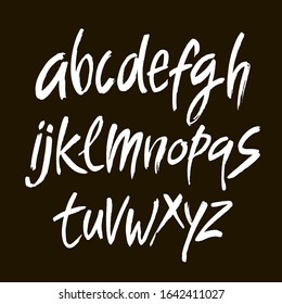 Vector Acrylic Brush Style Hand Drawn Alphabet Font. Calligraphy alphabet on a black background. Ink hand lettering.