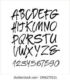 Vector Acrylic Brush Style Hand Drawn Alphabet Font. Calligraphy alphabet and numbers on a white background. Ink hand lettering.