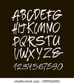 Vector Acrylic Brush Style Hand Drawn Alphabet Font. Calligraphy Alphabet And Numbers On A Black Background. Ink Hand Lettering.