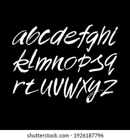 Vector Acrylic Brush Style Hand Drawn Alphabet Font. Calligraphy Alphabet On A Black Background. Ink Hand Lettering.